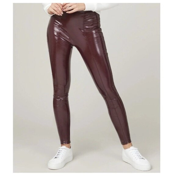 NWT SPANX Faux Patent Leather Leggings Ruby Red Size S Shiny High Rise Stretch - Picture 1 of 9